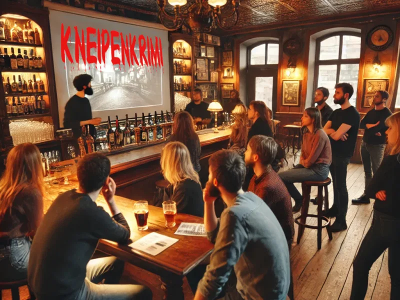 Kneipenkrimi-Motiv: Gäste an Tischen in einer Bar unter dem Schriftzug Kneipenkrimi