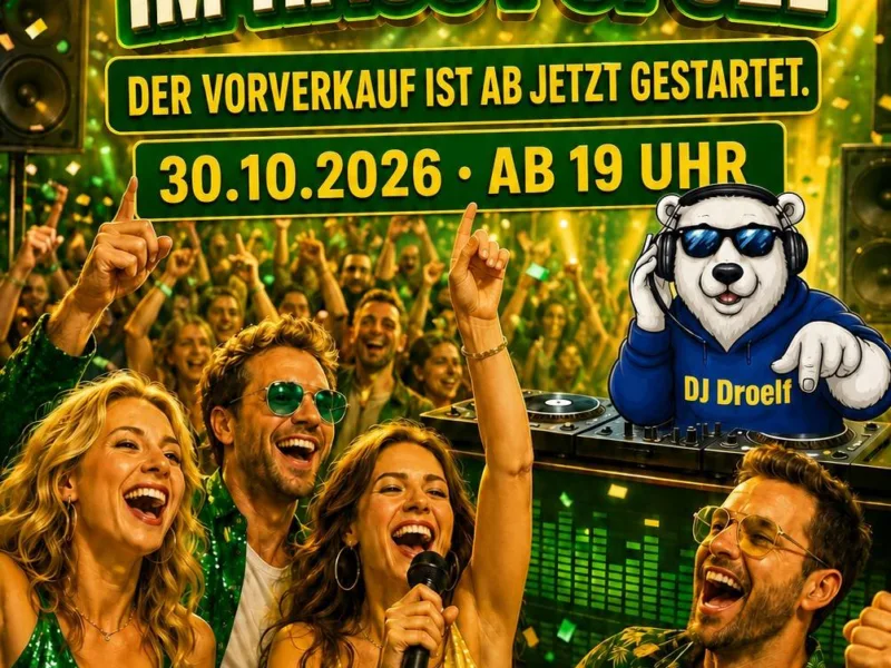 Plakat Schlagerparty 3.0 im Haus Pöpsel mit feiernden Gästen und DJ-Figur